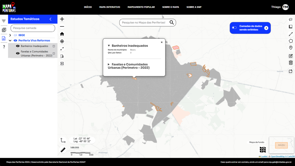 Mapa Interativo com o grupo de camadas do periferia Viva Reformas
